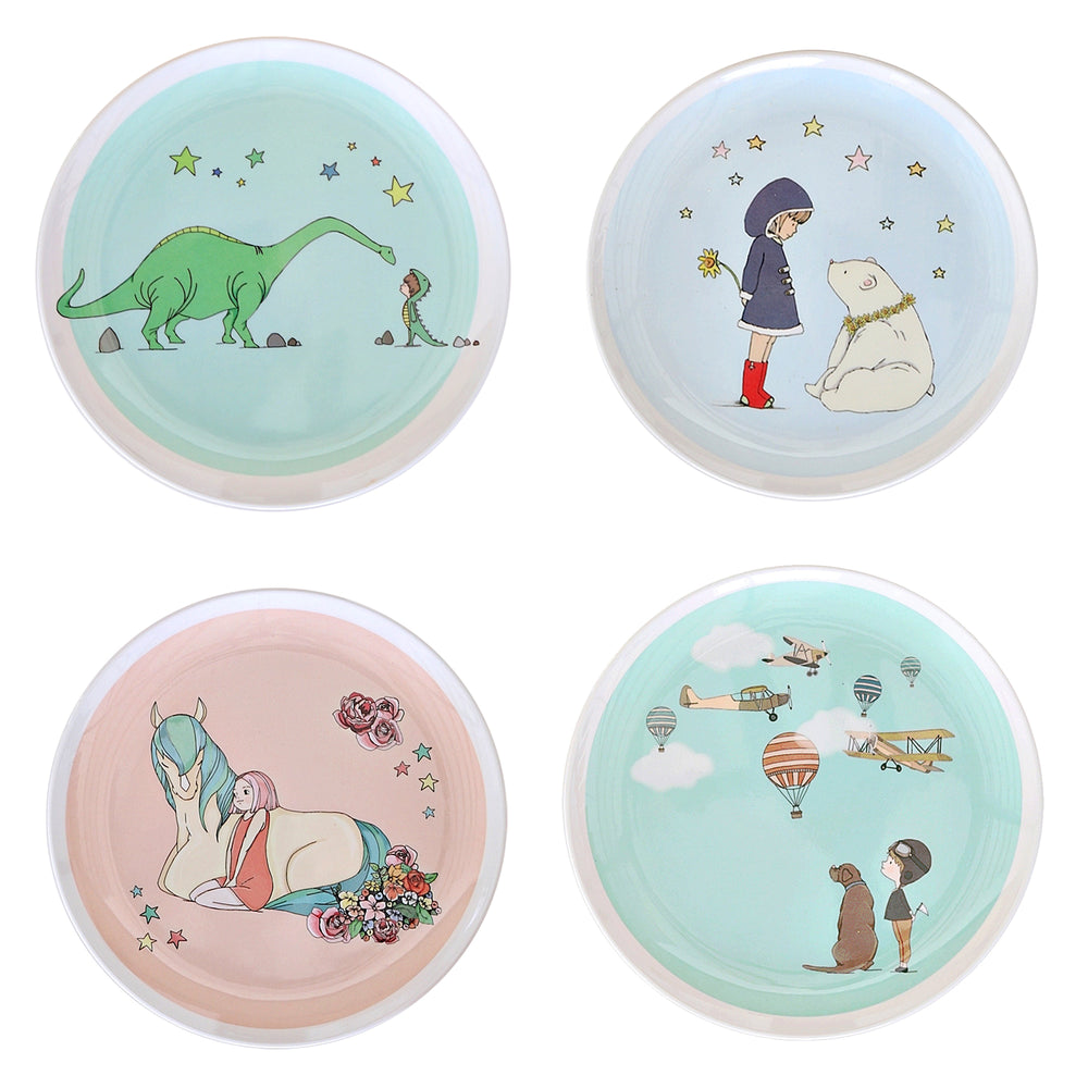 Hand Made Illustrated 4 Plates Set For Kids